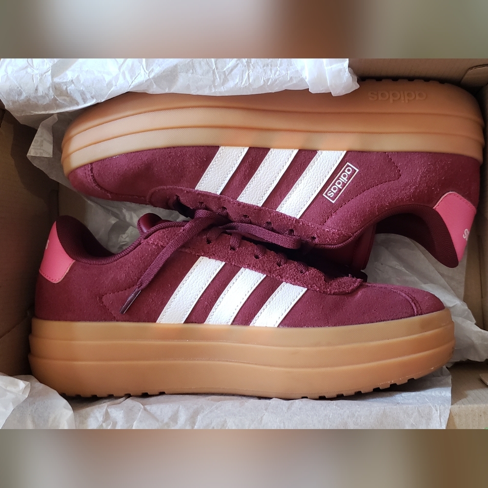 Adidas Women 8.5 Or Kids 7 Platform Maroon and White Sneakers